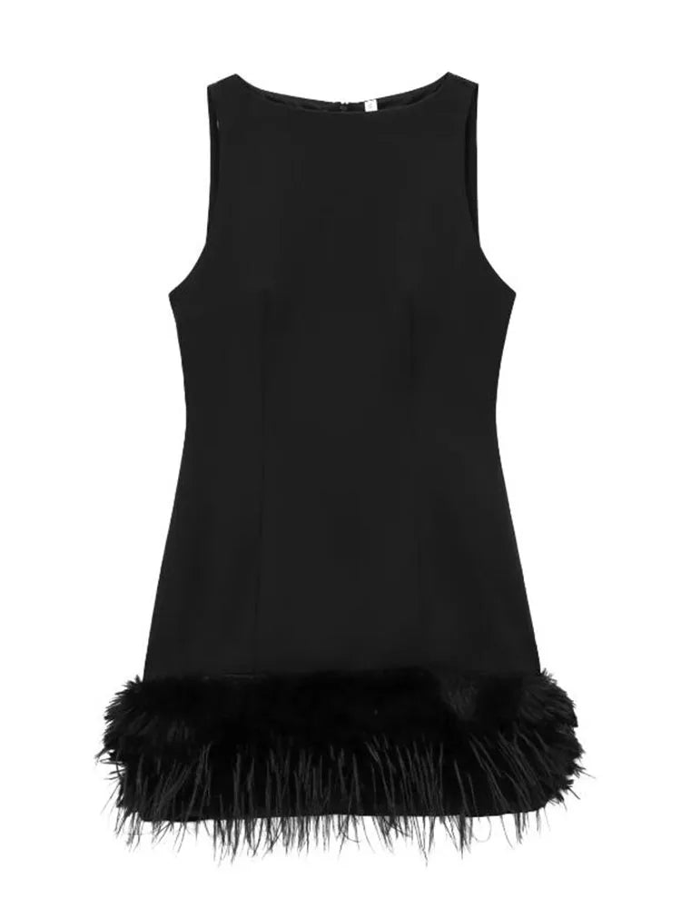 TFMLN 2024 New Elegant Women Feathers Mini Dresses Sexy Slim