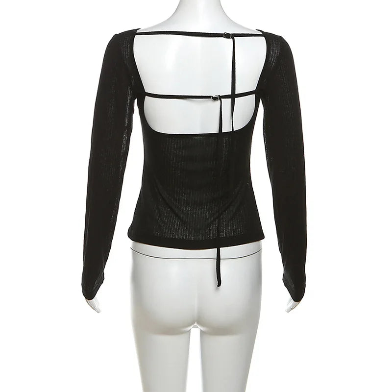 Women Autumn Long-sleeved Slash Neck Crops Tops Elastic Sexy Slim