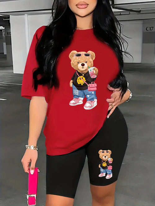 Summer Women's Bear Cartoon Print Casual Loose Round Neck Short