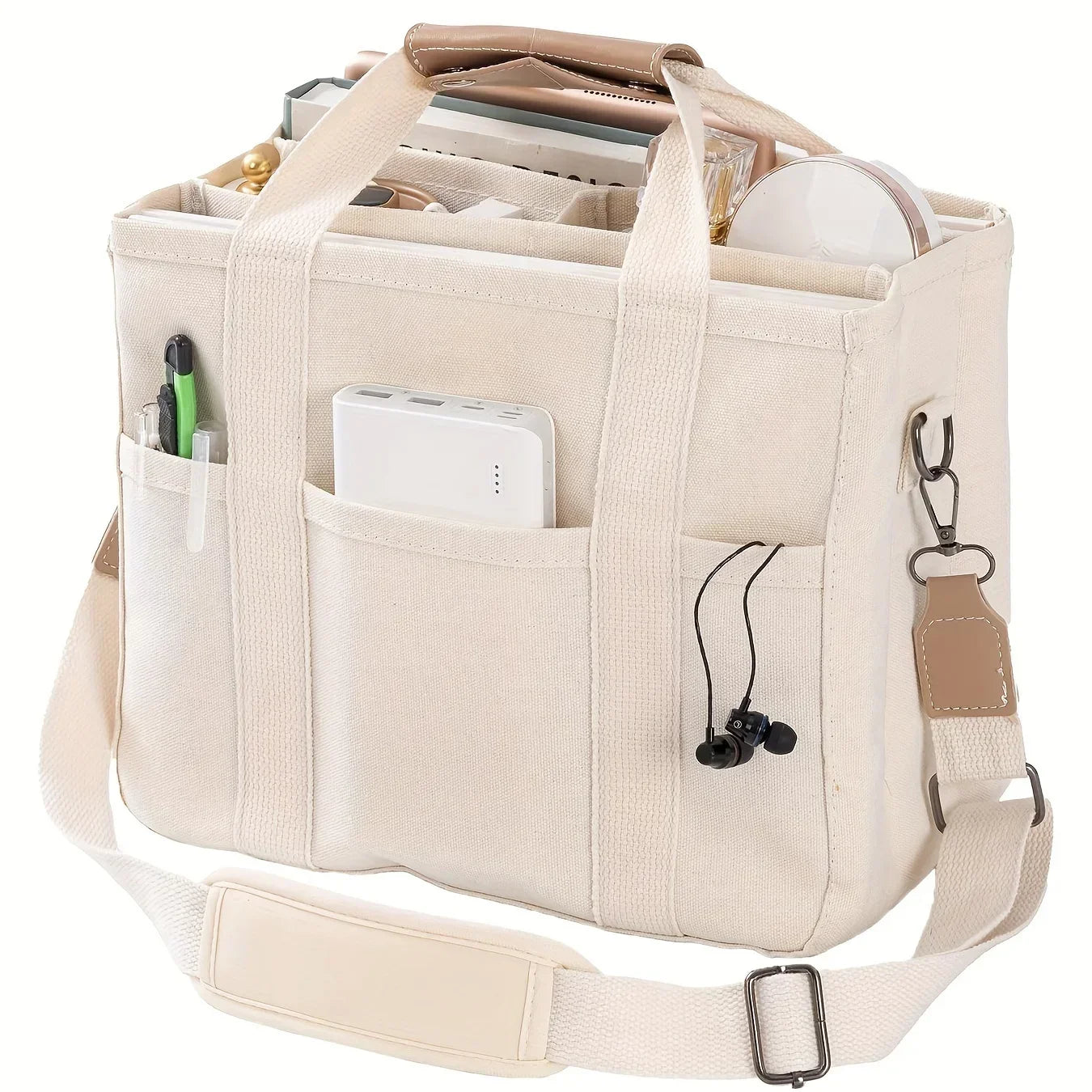 Ladies Canvas Handbag Multi Pocket Large Capacity Tote Bag Adjustable