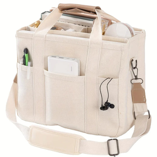 Ladies Canvas Handbag Multi Pocket Large Capacity Tote Bag Adjustable
