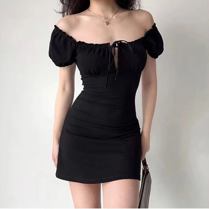 Summer Sexy Mini Dress Women Short Sleeved Lace up Hollow Casual