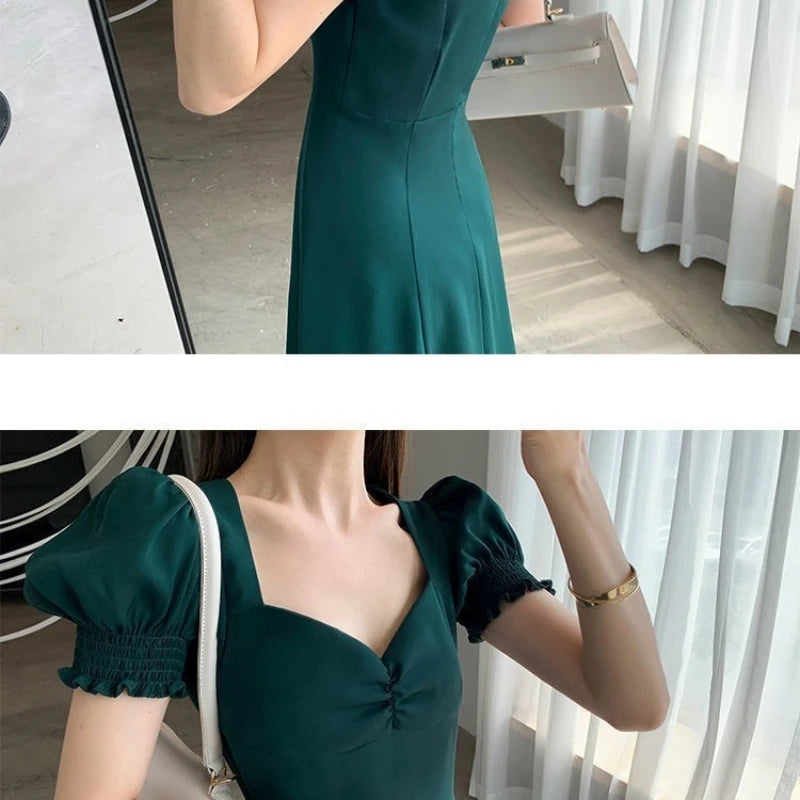 Solid Puff Short-Sleeved Elegant Slit Dress New Fashion Women V-neck