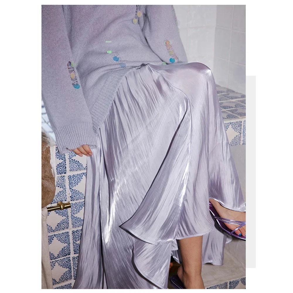 Hirsionsan Satin High Waist Skirts Women 2024 New Soft Smooth Silk