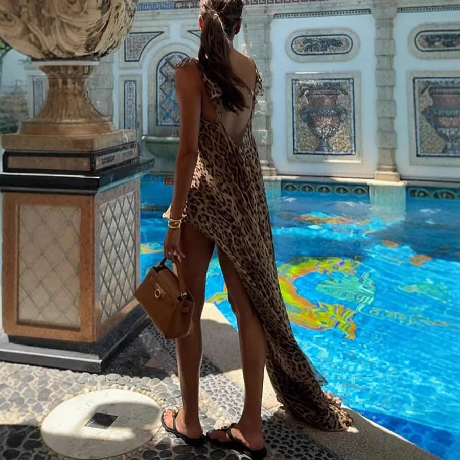 Women's Summer 2025 Beach Vacation Dress Set Chiffon Print Halter Long