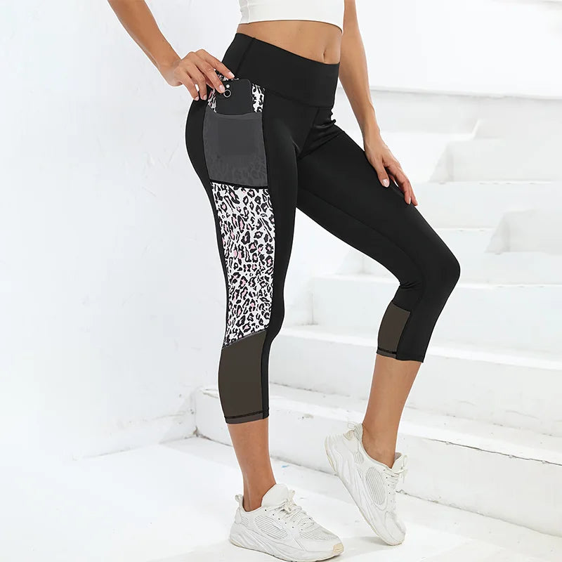 Marble Print Butt Lifting Sports Capri Leggings With Pockets, High