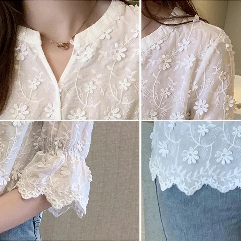 Women's Cotton Short Sleeve Lace Blouse, Summer Tops, Embroidery