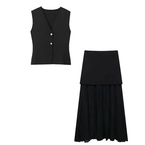 TRAFZA Women 2 Piece Set Chic V-Neck Sleeveless Button Knitted Vest