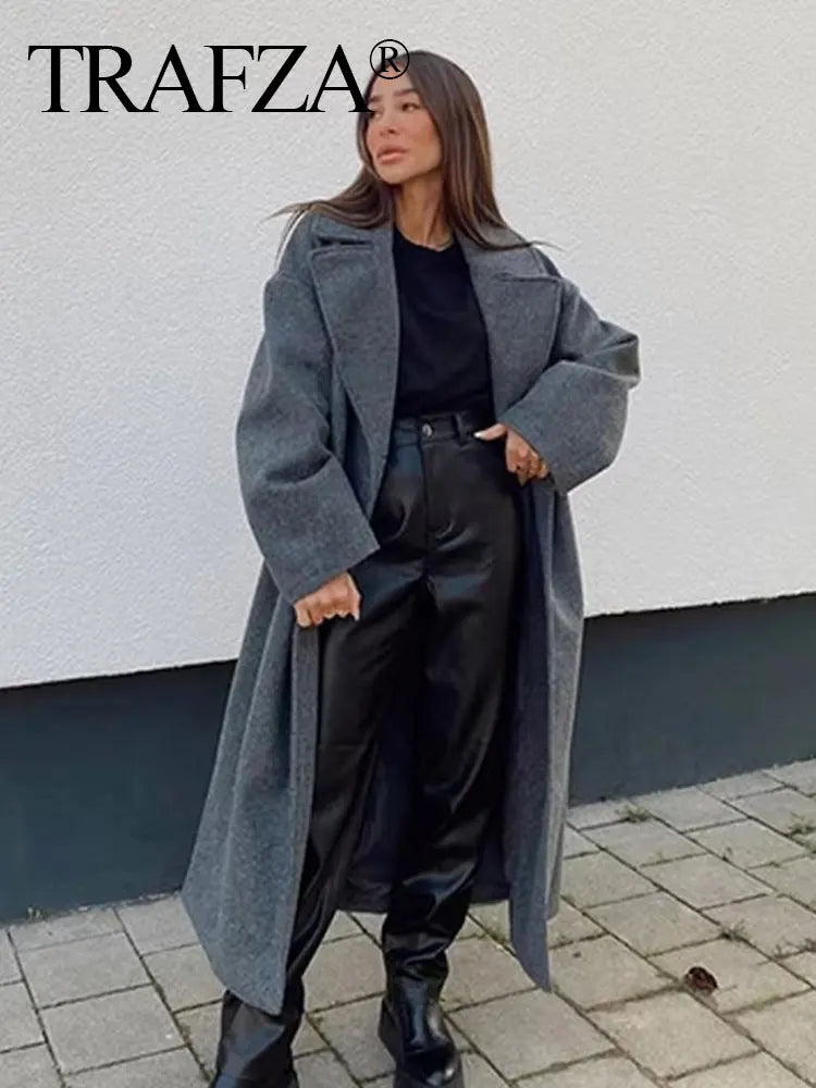 TRAFZA Winter Coat For Women 2024 Solid Lapel Double Breasted Long
