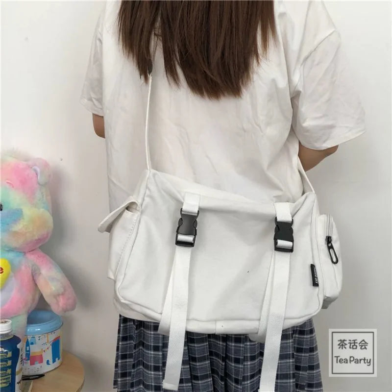 Japanese Harajuku Women Messenger Bag Solid Color Canvas Crossbody