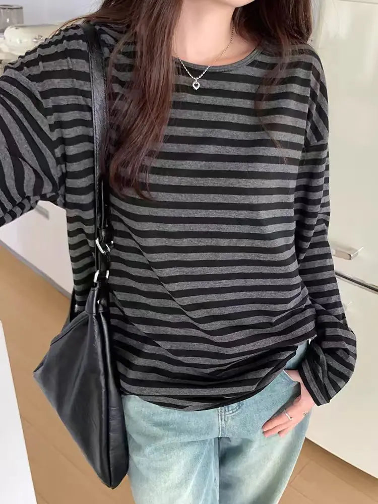 Autumn Women Harajuku Striped T Shirt Long Sleeve O-Neck Casual