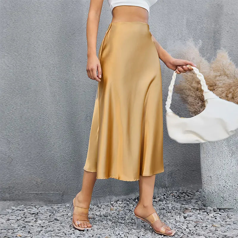 Satin Skirts for Women Korean Style Champagne Office High Waist A-line