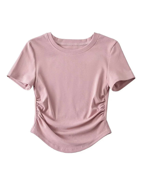 Harajuku Women Crew Neck Short Sleeve Cotton Tee With Ruched Sides