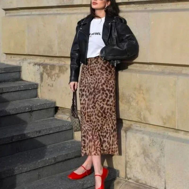 TRAF Leopard Long Skirts Women's 2024 Spring Summer Autumn Elegant