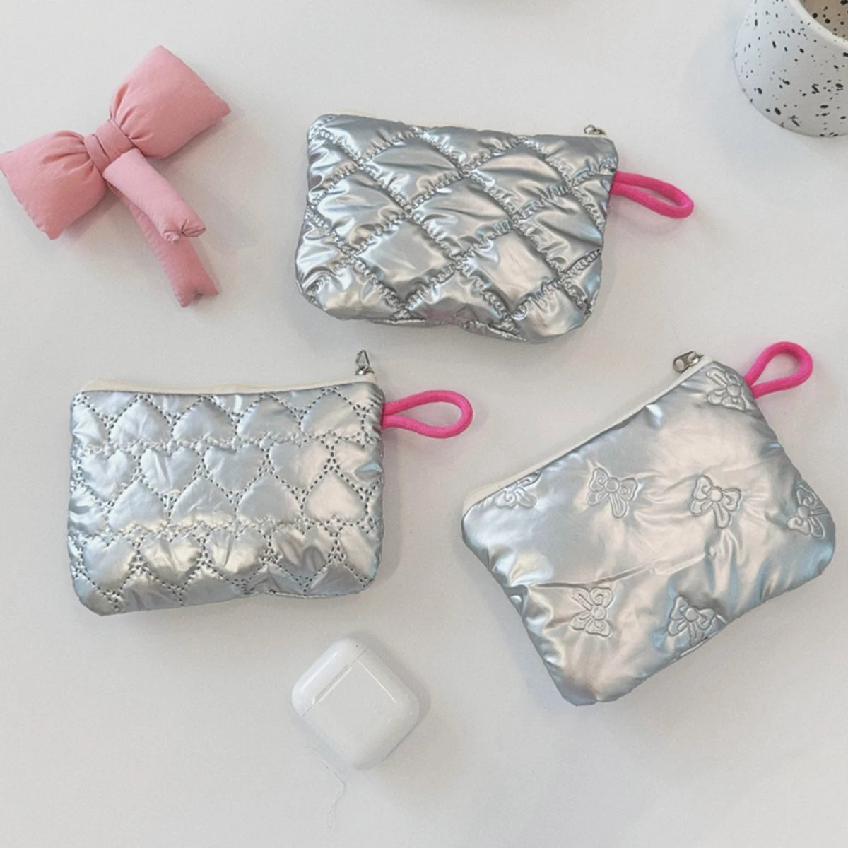 Silver Lingge Bow Pattern Coin Purses Small Canvas Coin Wallet Lady