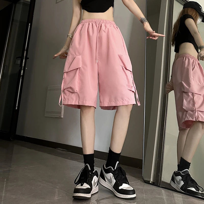 Gidyq Women High Waist Cargo Shorts American Style Streetwear Summer
