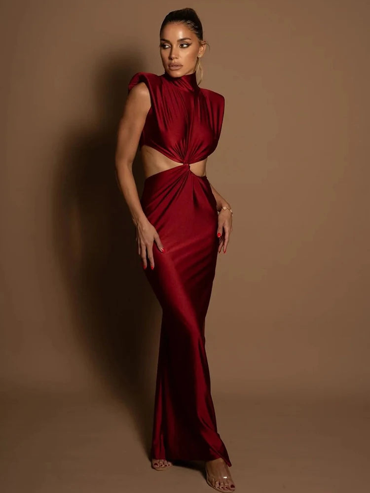 Mozision Hollow Out Turtleneck Sexy Maxi Dress For Women Fashion Solid