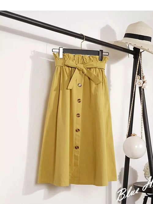 Summer Autumn Skirts Womens Midi Knee Length Korean Elegant Button
