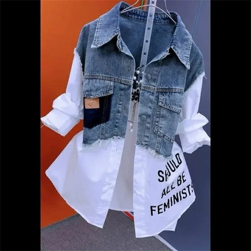 Women Denim Jacket Fake Two Denim Shirts 2024 New Spring Summer Autumn