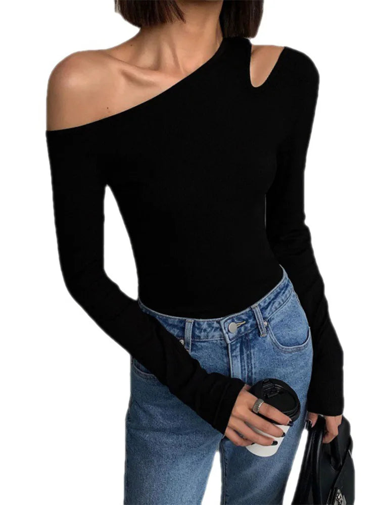Fashion Skew Collar Off-shoulder Long-sleeved T-shirts Women Spring