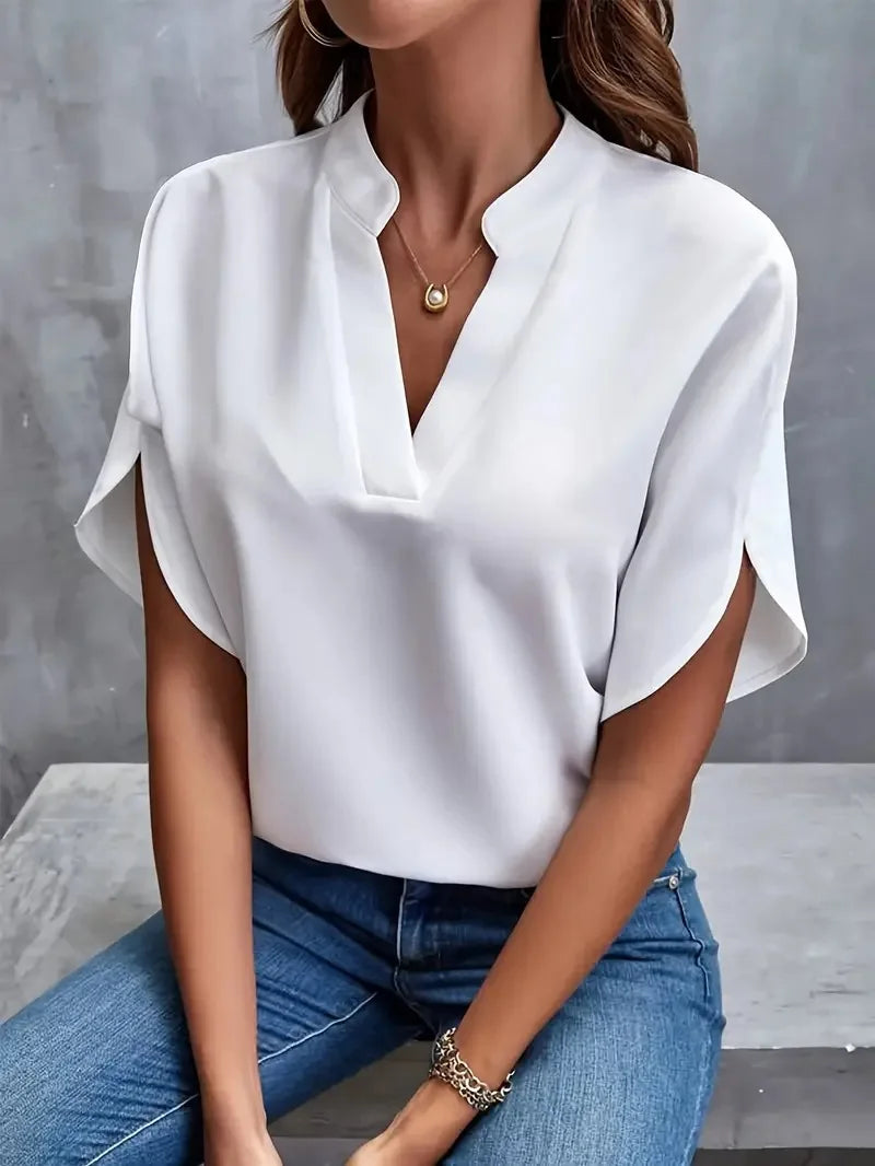 Summer Elegant Women's Blouse New V-neck Short Sleeve Solid Color