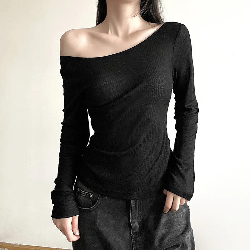 Women Autumn Long-sleeved Slash Neck Crops Tops Elastic Sexy Slim