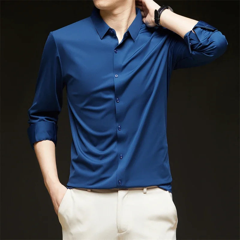 New Men's Business Casual Long Sleeved Solid Color Shirt Wrinkle