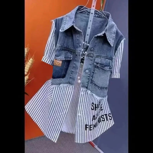 Women Denim Jacket Fake Two Denim Shirts 2024 New Spring Summer Autumn