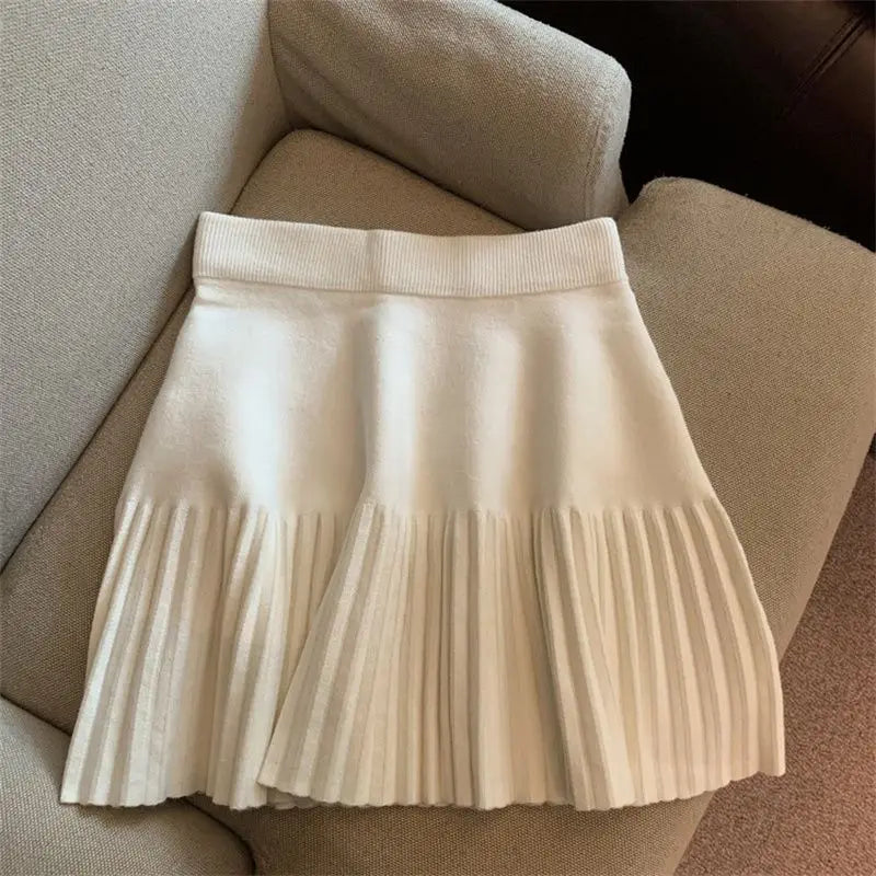Pleated Mini Skirts Korean Sweet Knitted Skirts Sweet Elastic Waist