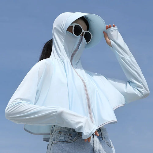 UPF 50+ Women Sunscreen Hoodie Solid Color Thin Ice Silk Summer UV