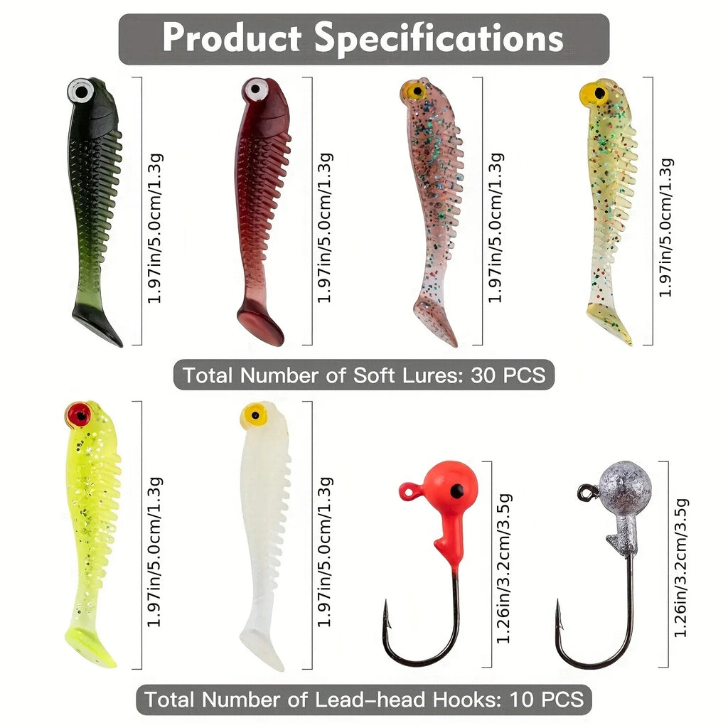 40pcs/lot Soft Lure Kit Soft Fishing Lure 5cm 3.5g Jig Head Hook with