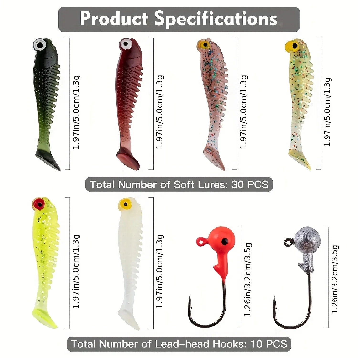 40pcs/lot Soft Lure Kit Soft Fishing Lure 5cm 3.5g Jig Head Hook with