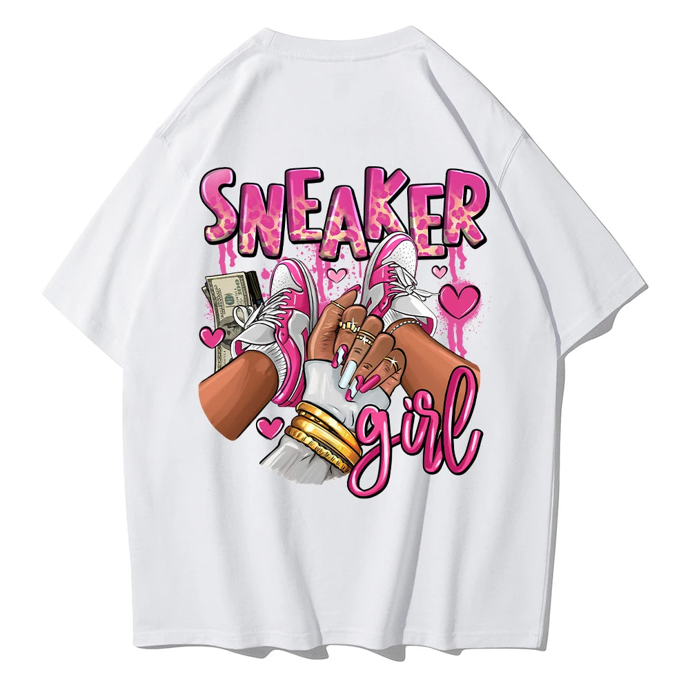 Casual Cotton Womens T-Shirts Expensive Pink Sneaker Girl Prints Short