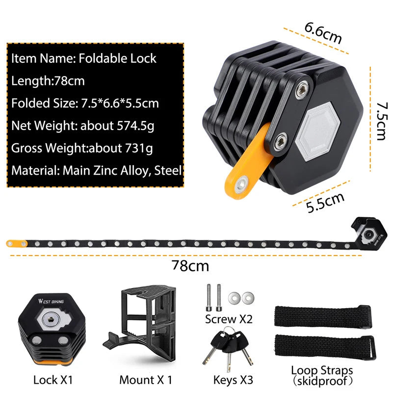 WEST BIKING Bicycle Folding Lock Portable Alloy Steel Anti-theft