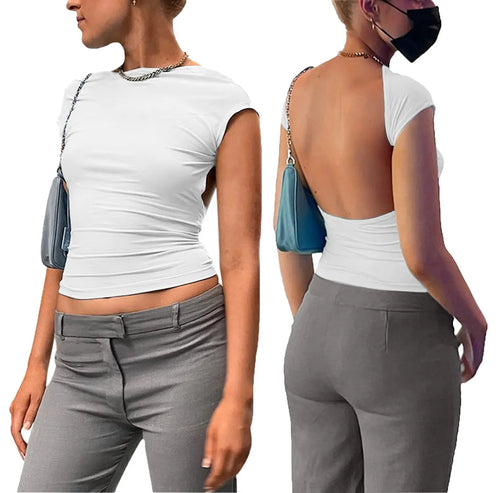 Short Sleeve Backless Tops Women Street Wear 2023 Skinny Basic Summer