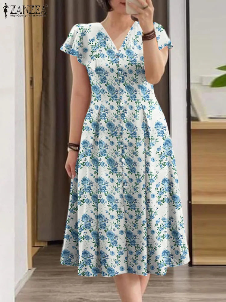 Elegant Floral Dress ZANZEA Women Summer Short Sleeve Party Sundress