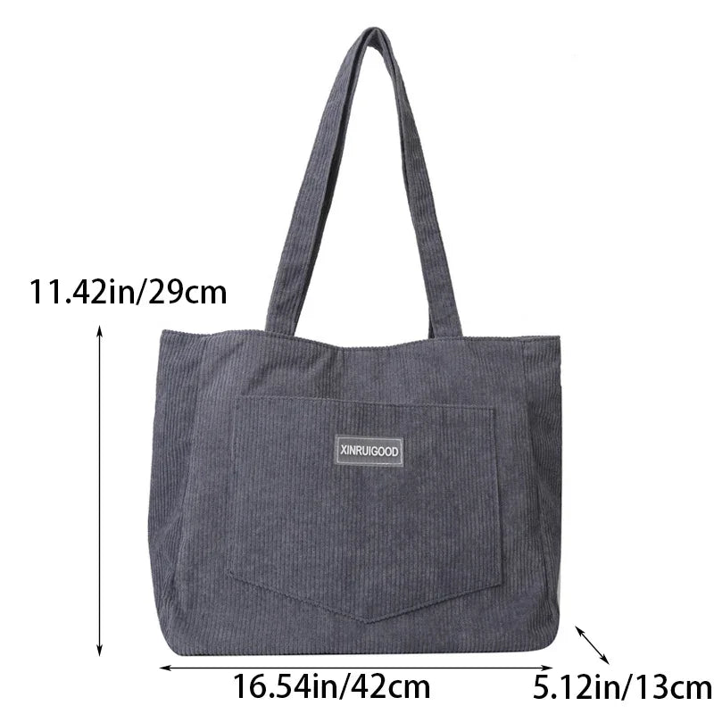Large Capacity Shoulder Bag Trendy Corduroy Tote Bag Solid Color
