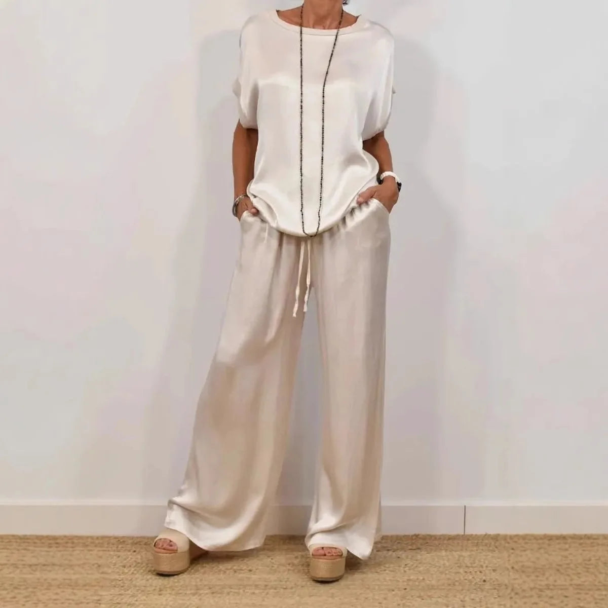 Casual Loose Satin T Shirt Pants Two Piece Sets Women Fashion O-neck