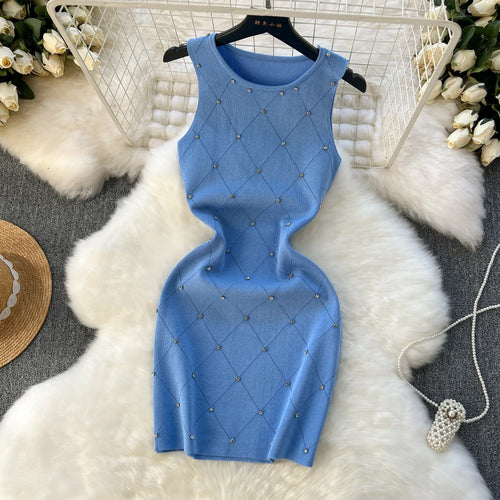 Beading  Summer Women's Knitting Sheath Tank Dress Female Bodycon