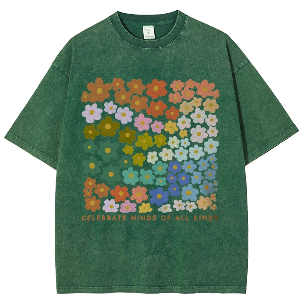 100% Color Flower Letter Print T-Shirt Loose Retro Old Shoulder Wash