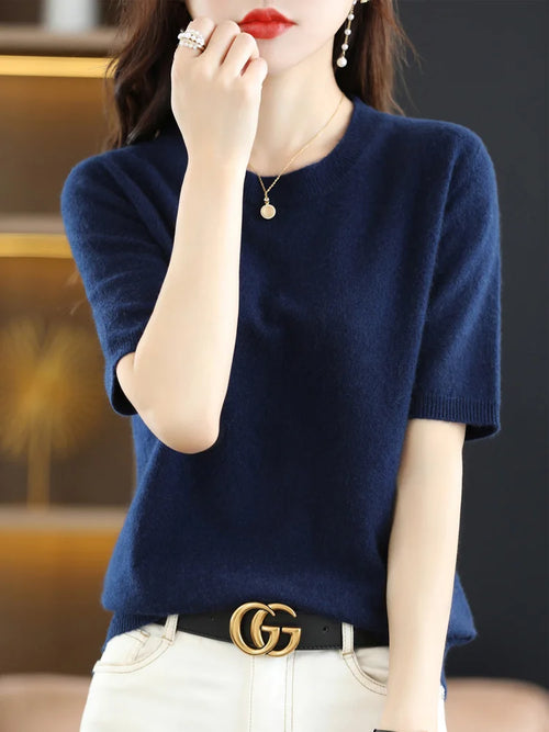 New Short-sleeved Knitwear Women O-neck T-shirt Wool Cotton Blend