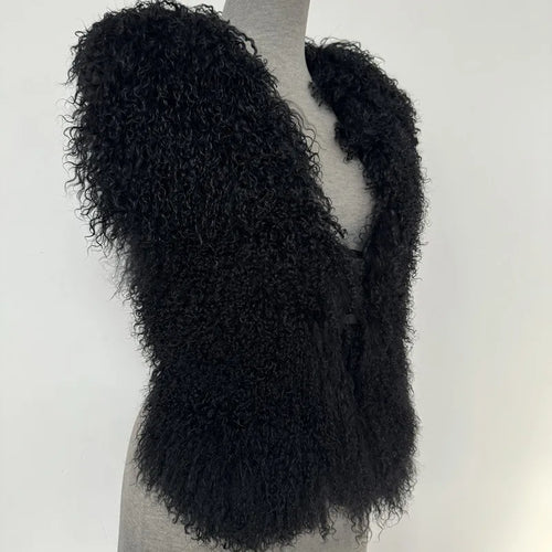 Fluffy Luxury  Real Mongolian Fur Halter Vests Women Solid Deep V-Neck