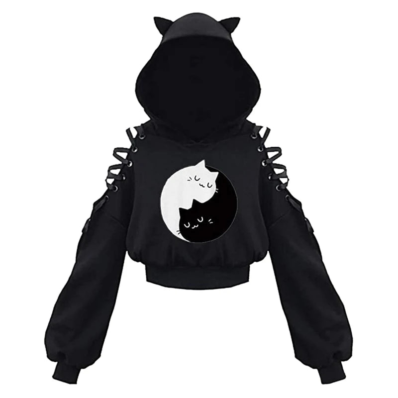 Y2k Gothic Womens Hoodie Cat Ear Crop Top Hooded Sweatshirt Hollow Out