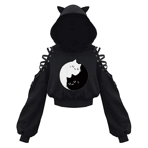 Y2k Gothic Womens Hoodie Cat Ear Crop Top Hooded Sweatshirt Hollow Out