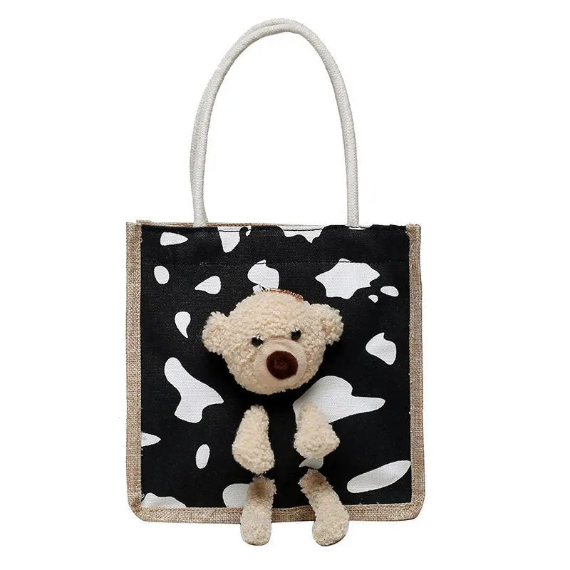 Girls Simple Cute Bear Handbag Ladies Fashion Commuter Canvas Bag