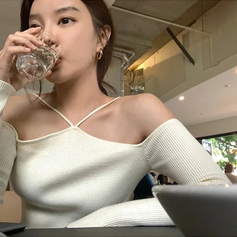 Women Crop Sweater Sexy Off Shoulder Slim Knitted Sweaters Long Sleeve