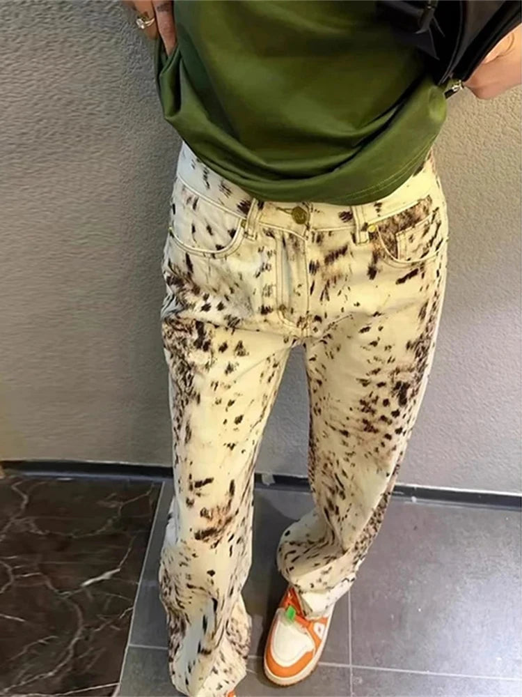 Leopard Print Straight Wide Leg Jeans Women High Waisted Retro Jeans