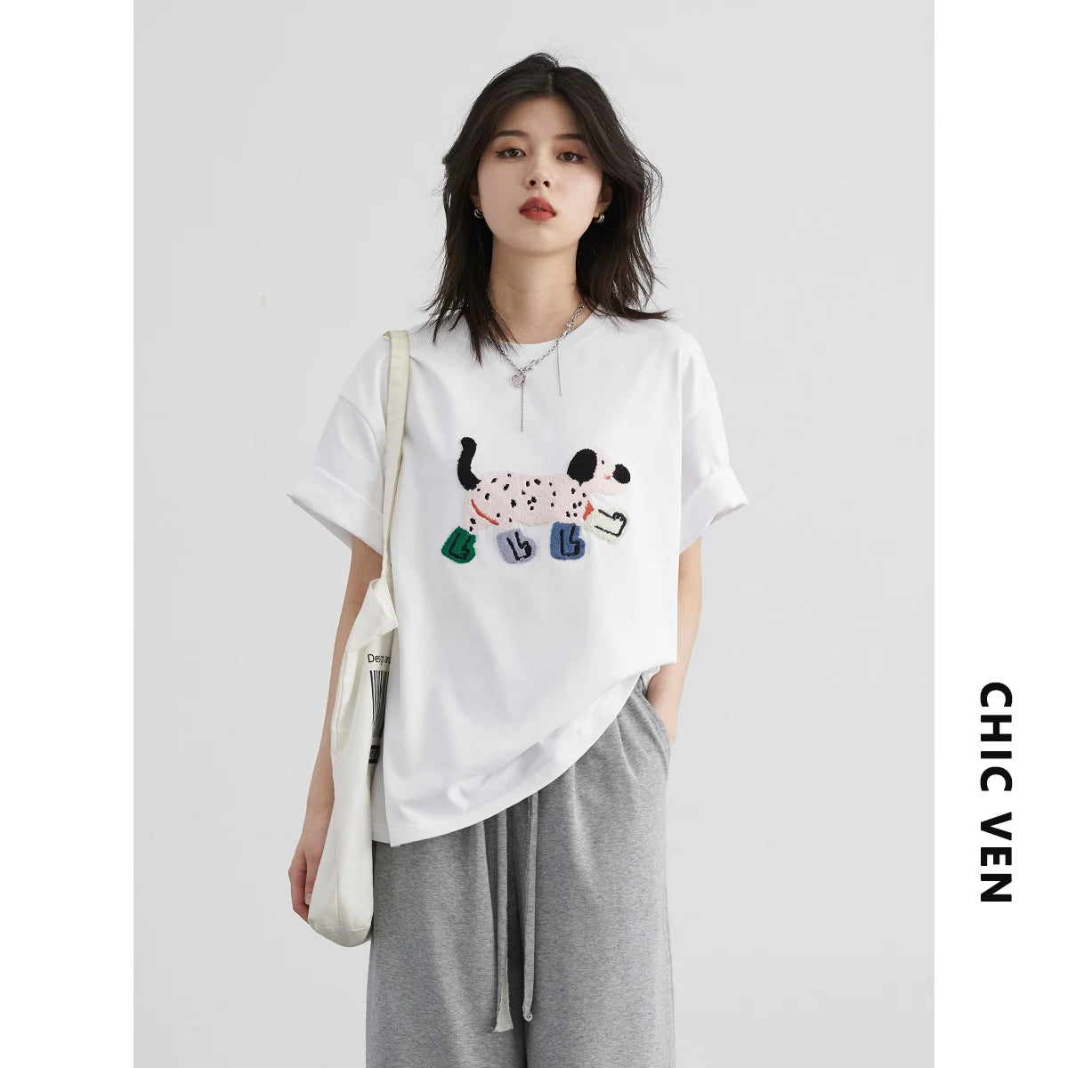 CHIC VEN Women T-Shirts Loose Streetwear Unisex Fun Dog Embroidered