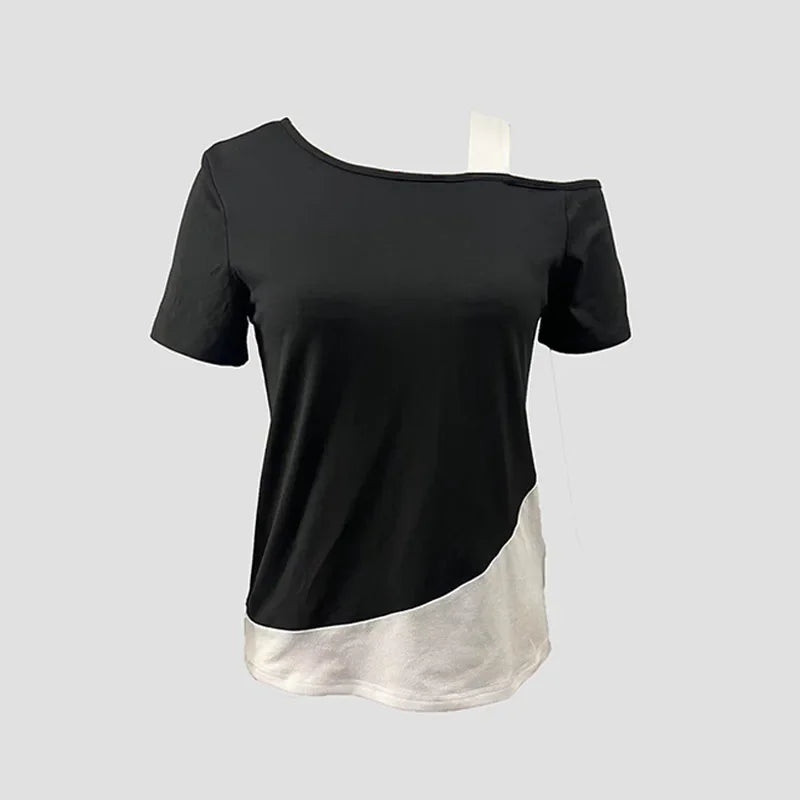 Chic Color Blocking Short Sleeved Women Solid Color Off Shoulder