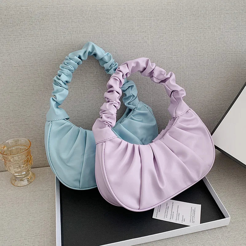 Fashion Pleated Handlebags for Women PU Cloud Bags Leisure Armpit Bag